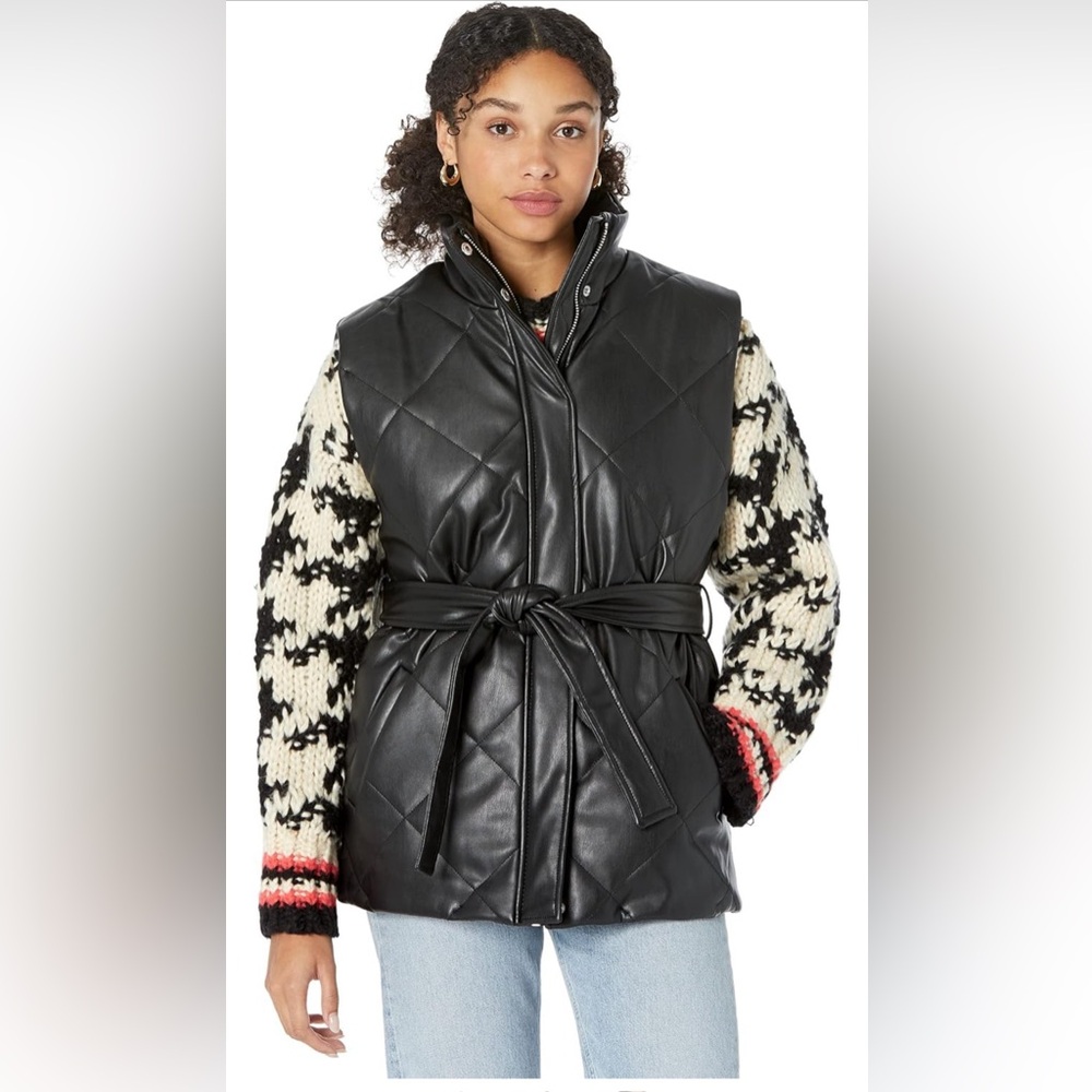 BLANKNYC Womens black Vegan Leather Quilted puffer Vest Self Belt L